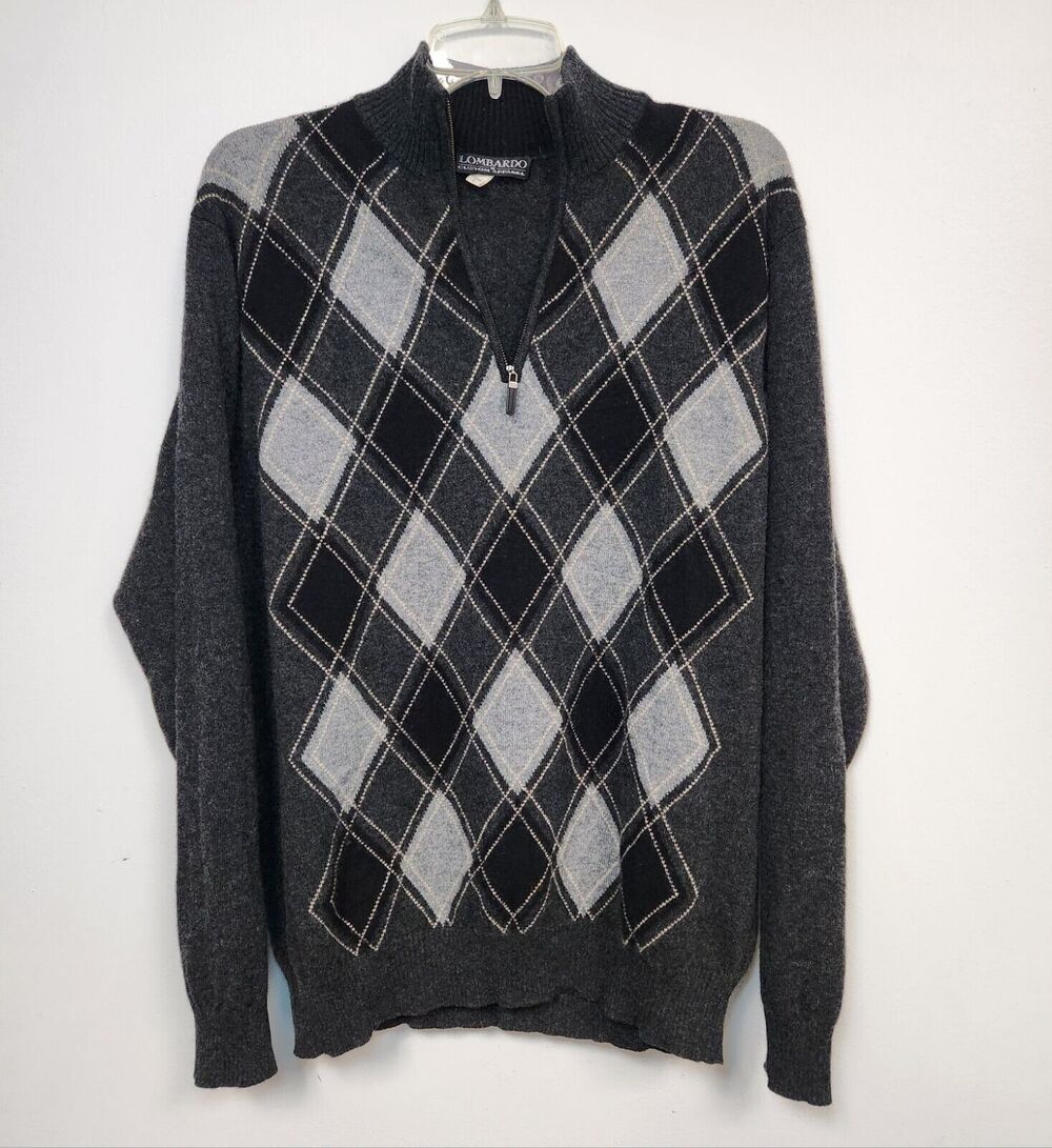 Lombardo Custom Apparel Mens Charcoal Gray Argyle Quarter-Zip Sweater-Size Large
